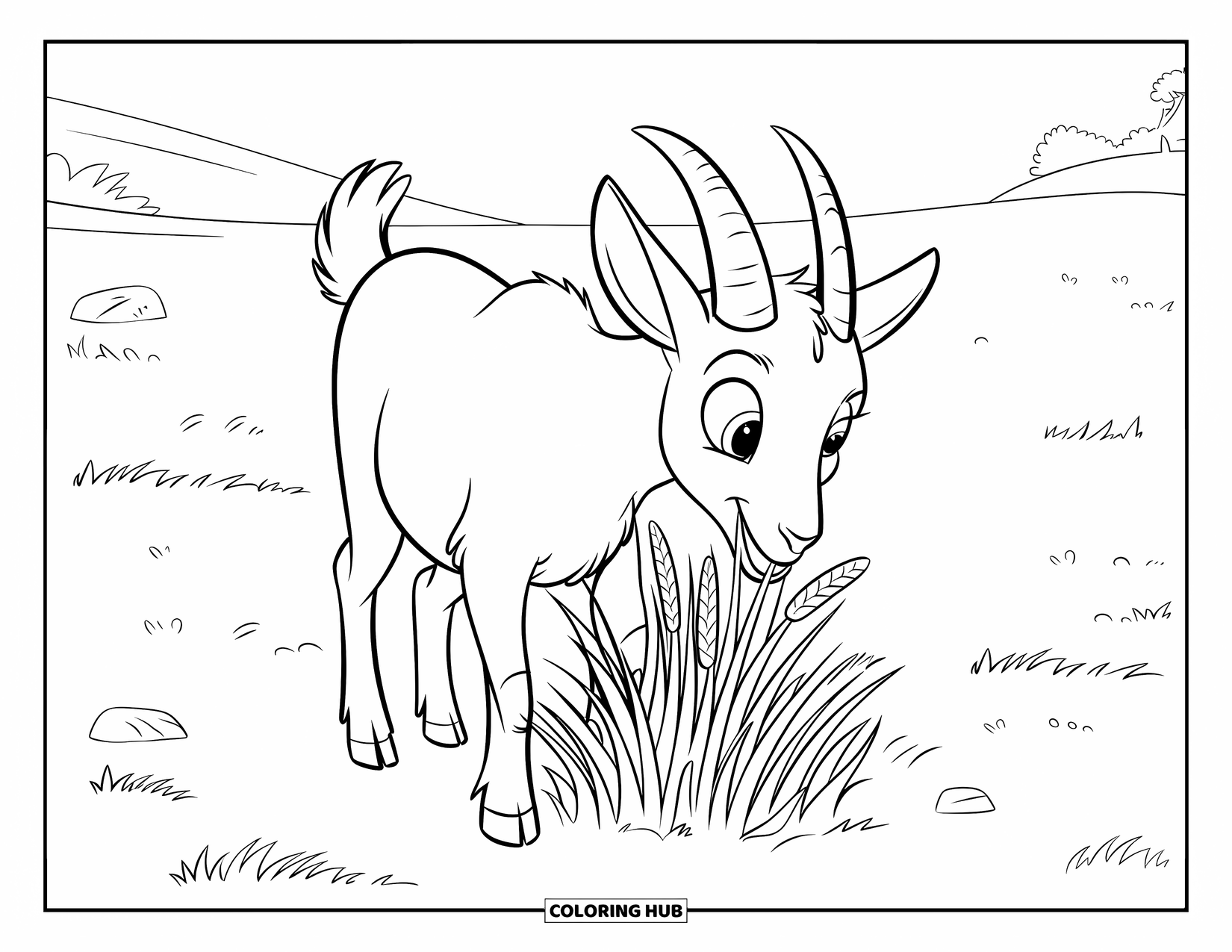 Desenho de Cabra para Colorir para Crianças: Uma cabra com marcas pretas mastiga alegremente grama perto de uma árvore