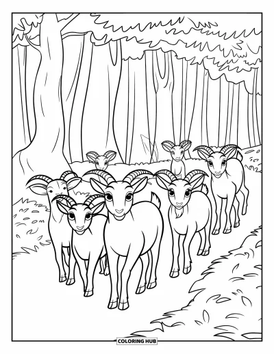 Desenho de Cabra para Colorir para Crianças: Um grupo de cabras passeia por uma floresta frondosa com árvores altas