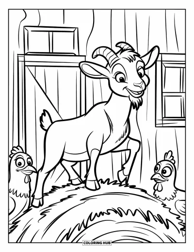 Desenho de Cabra para Colorir para Crianças: Uma cabra feliz se equilibra no feno enquanto galinhas observam por perto