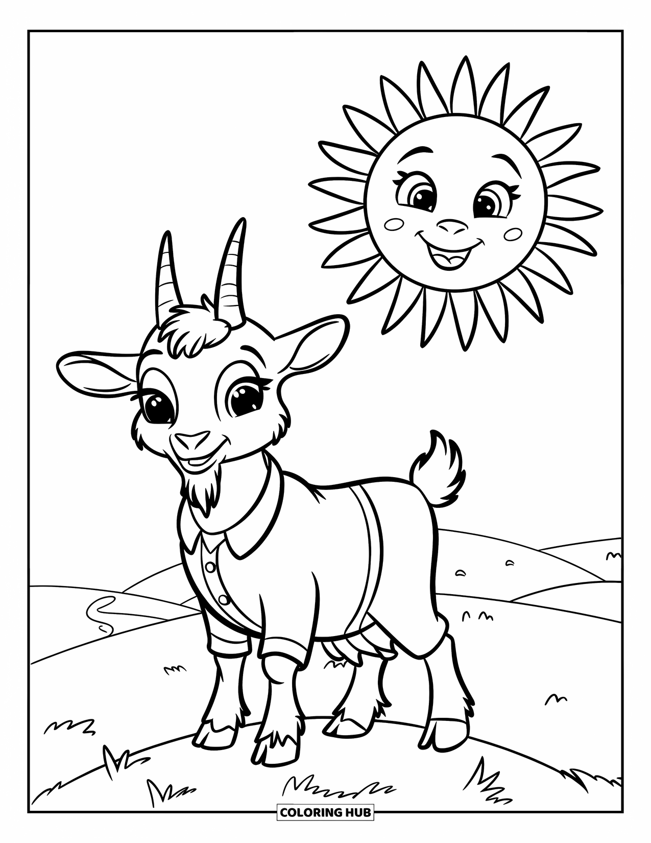 Desenho de Cabra para Colorir para Crianças: Uma cabra feliz com uma camisa verde está em uma colina com um sol sorrindo acima