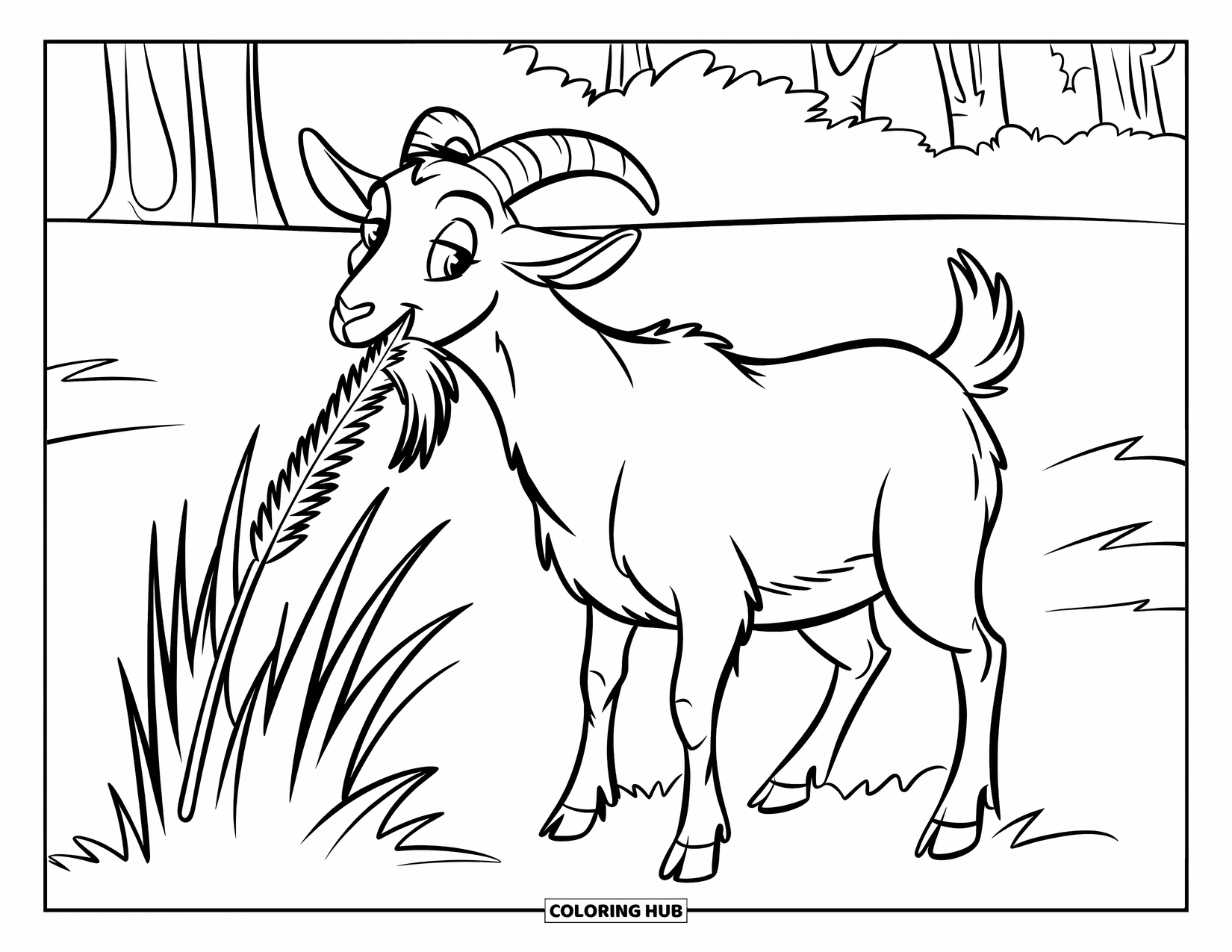 Desenho de Cabra para Colorir para Crianças: Uma cabra feliz mastiga grama alta em um campo tranquilo