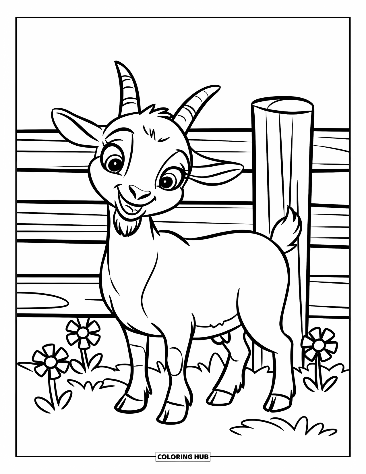 Desenho de Cabra para Colorir para Crianças: Uma cabra feliz está perto de uma cerca de madeira cercada por flores