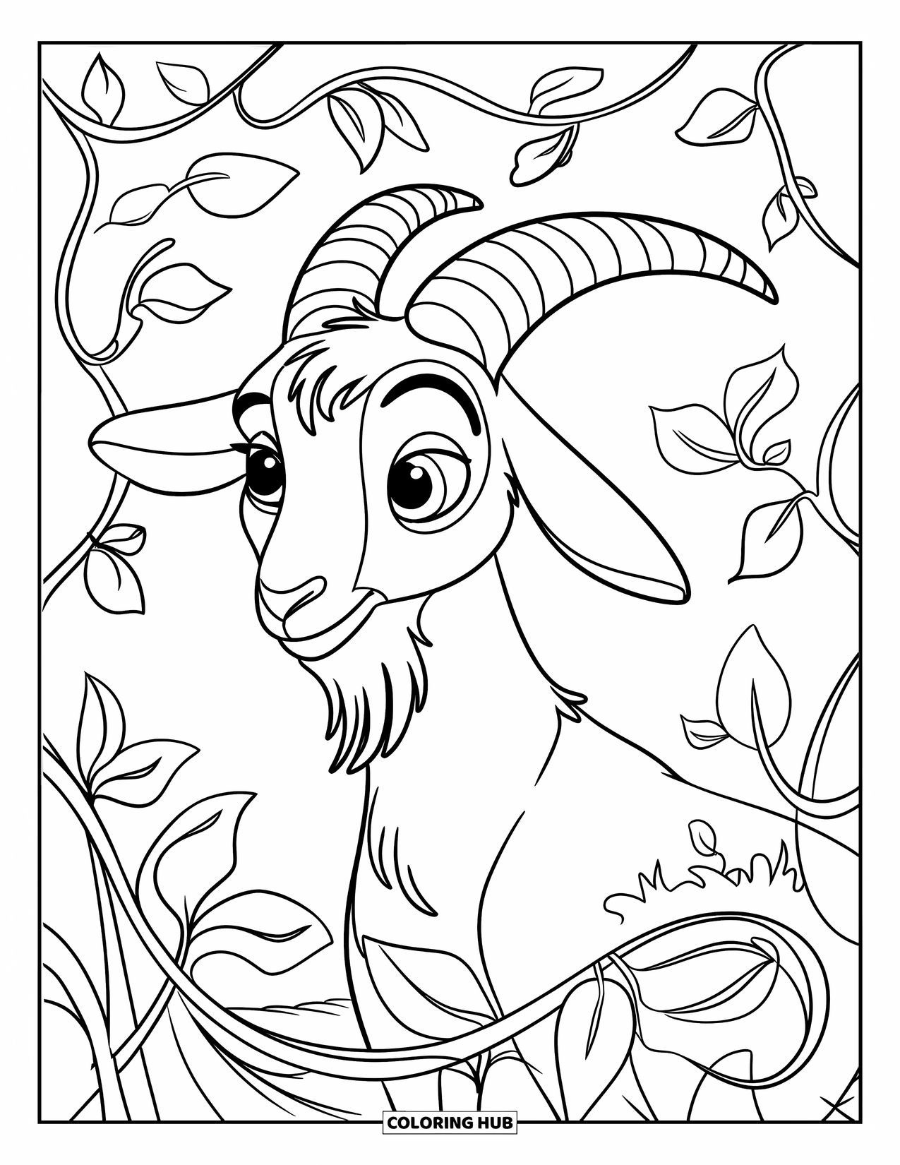 Desenho de Cabra para Colorir para Crianças: Uma cabra feliz com uma coroa está entre redemoinhos frondosos