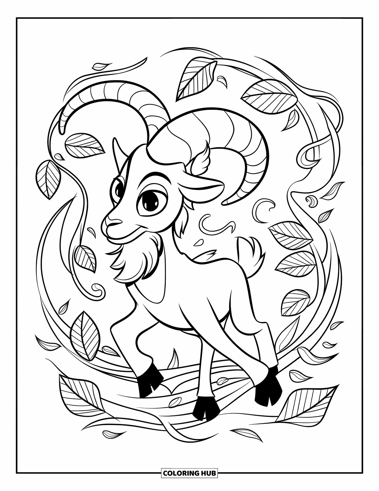 Desenho de Cabra para Colorir para Crianças: Uma cabra com chifres está em vinhas e folhas girando com um olhar ousado