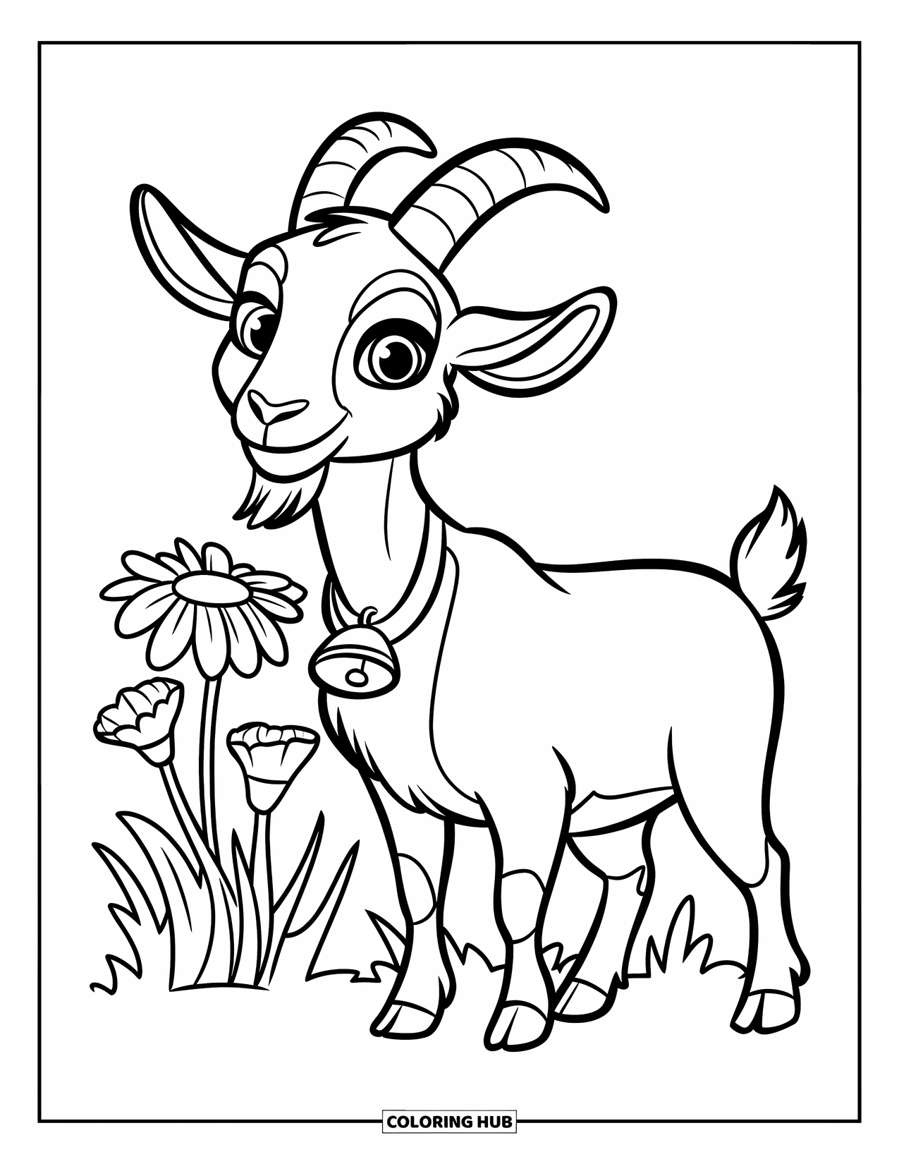 Desenho de Cabra para Colorir para Crianças: Uma cabra animada com um sino está perto de flores silvestres e grama fluindo