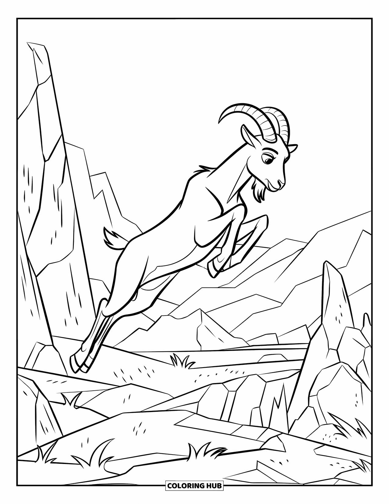 Desenho de Cabra para Colorir para Crianças: Uma cabra saltando no ar estica as pernas acima de uma paisagem acidentada