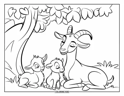 Desenho de Cabra para Colorir para Crianças: Uma cabra mãe e seus filhotes se aconchegam silenciosamente sob uma árvore sombreada