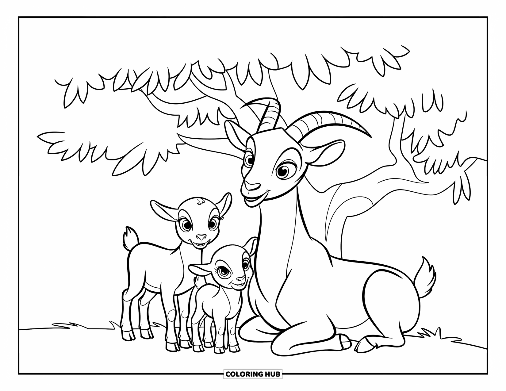 Desenho de Cabra para Colorir para Crianças: Uma cabra mãe descansa pacificamente sob uma árvore com seus dois filhotes