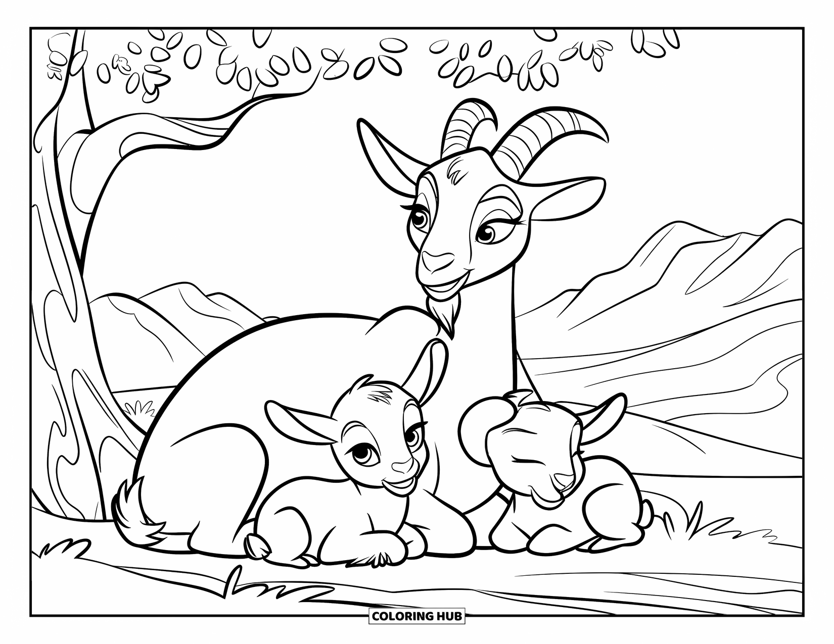 Desenho de Cabra para Colorir para Crianças: Uma cabra mãe senta-se sob uma árvore, aconchegada com seus dois filhotes