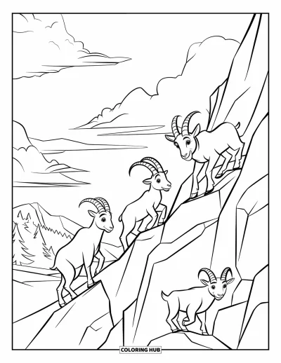 Desenho de Cabra para Colorir para Crianças: Uma família de cabras da montanha escala rochas íngremes sob um céu nublado