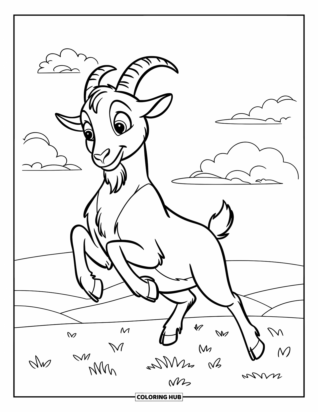 Desenho de Cabra para Colorir para Crianças: Uma cabra brincalhona pula em um prado com nuvens fofas acima