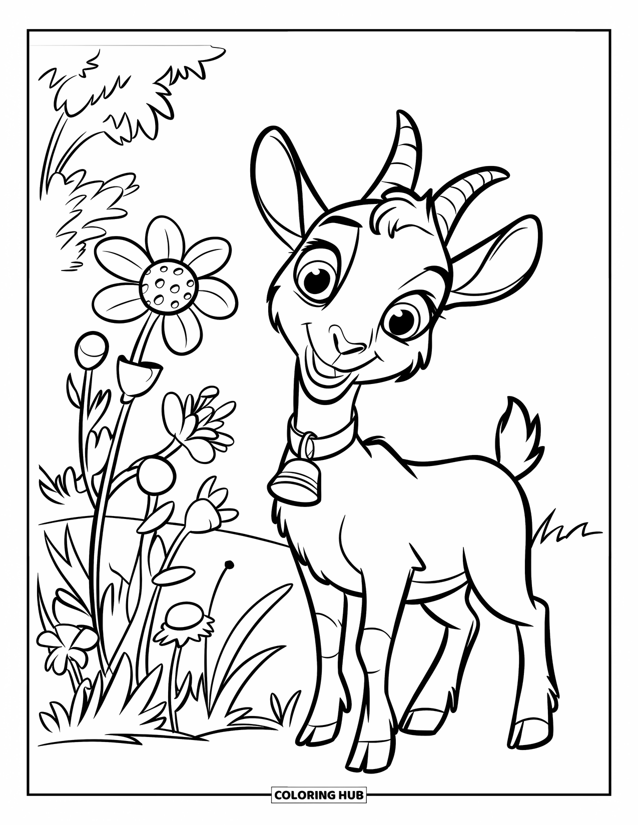 Desenho de Cabra para Colorir para Crianças: Uma cabra brincalhona com uma coleira de sino está em um campo de flores silvestres coloridas