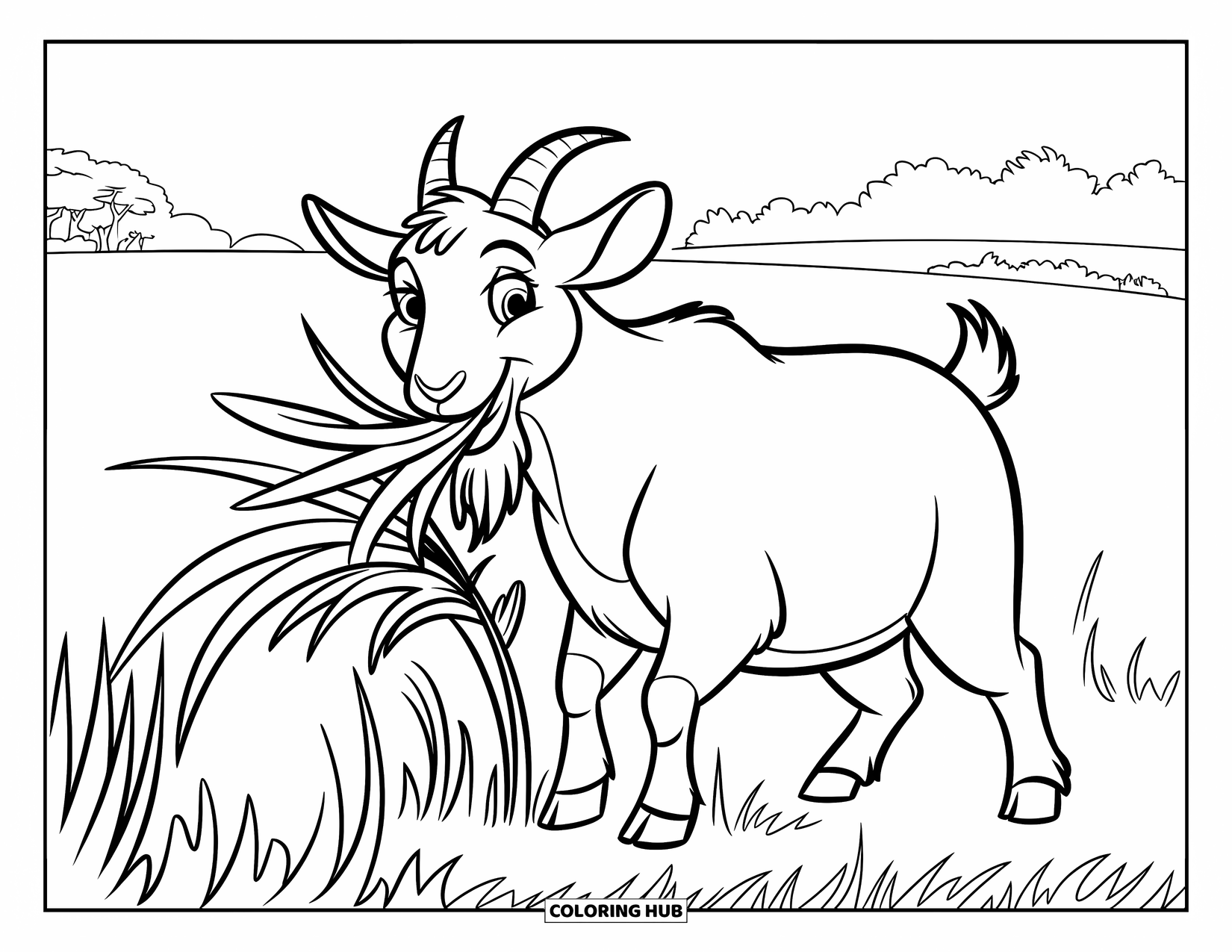 Desenho de Cabra para Colorir para Crianças: Uma cabra redonda e barbuda mastiga grama alta com árvores atrás