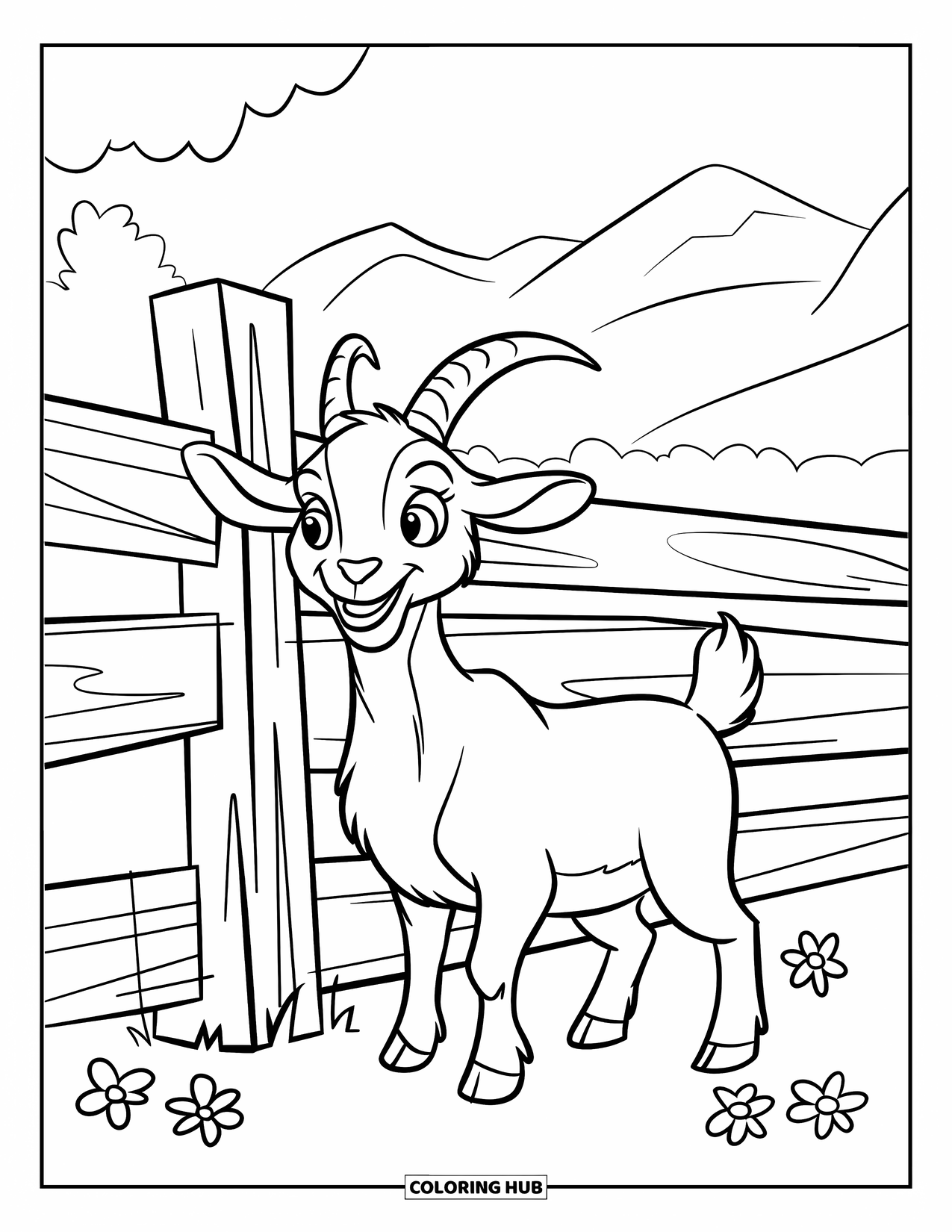 Desenho de Cabra para Colorir para Crianças: Uma cabra sorridente está ao lado de uma cerca de madeira em um campo tranquilo