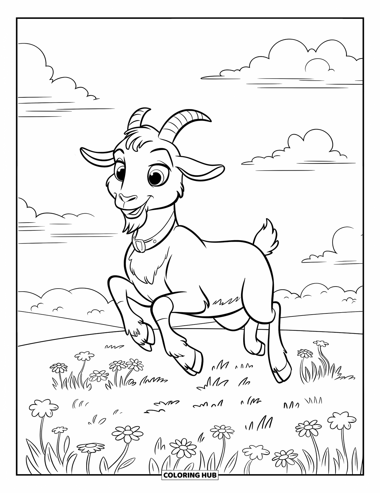 Desenho de Cabra para Colorir para Crianças: Uma cabra sorridente usando uma coleira pula em um prado aberto e brilhante
