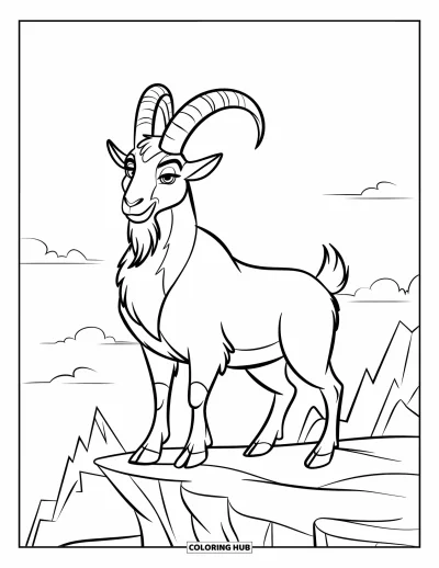 Desenho de Cabra para Colorir para Crianças: Uma cabra impressionante está em falésias rochosas com picos de montanhas atrás