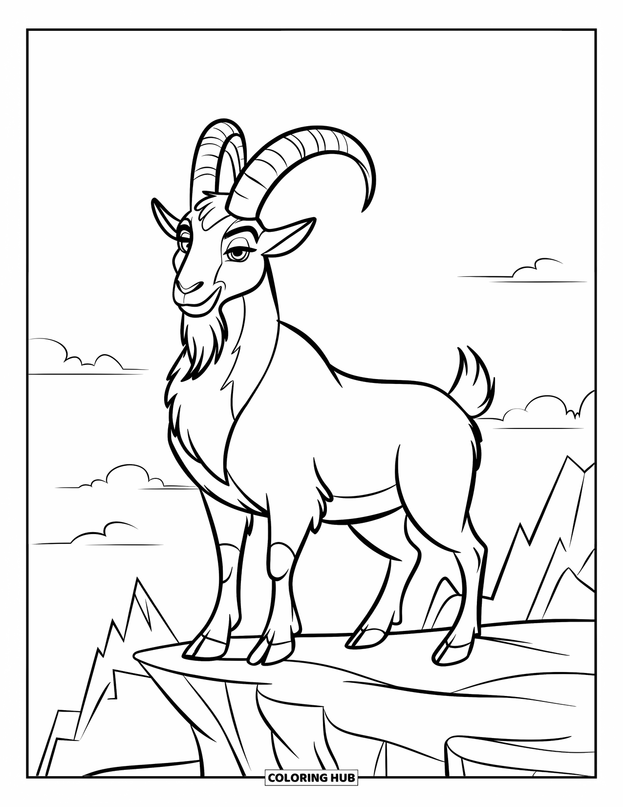 Desenho de Cabra para Colorir para Crianças: Uma cabra impressionante está em falésias rochosas com picos de montanhas atrás
