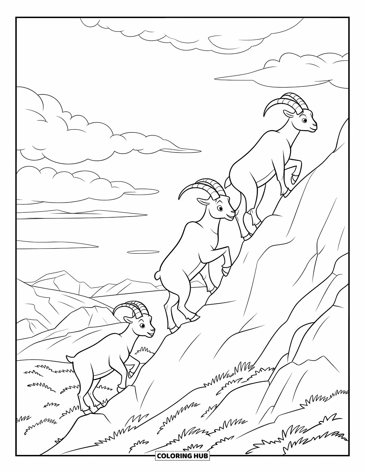 Desenho de Cabra para Colorir para Crianças: Cabras escalam rochas íngremes sob um céu nublado com vegetação por toda parte