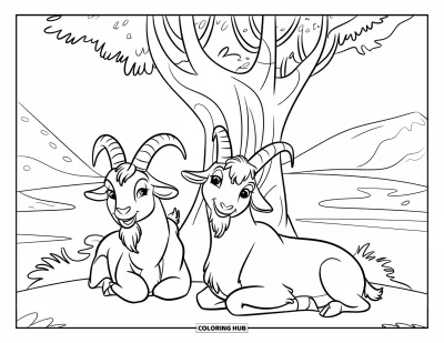 Desenho de Cabra para Colorir para Crianças: Cabras descansam sob uma árvore com água e montanhas à distância
