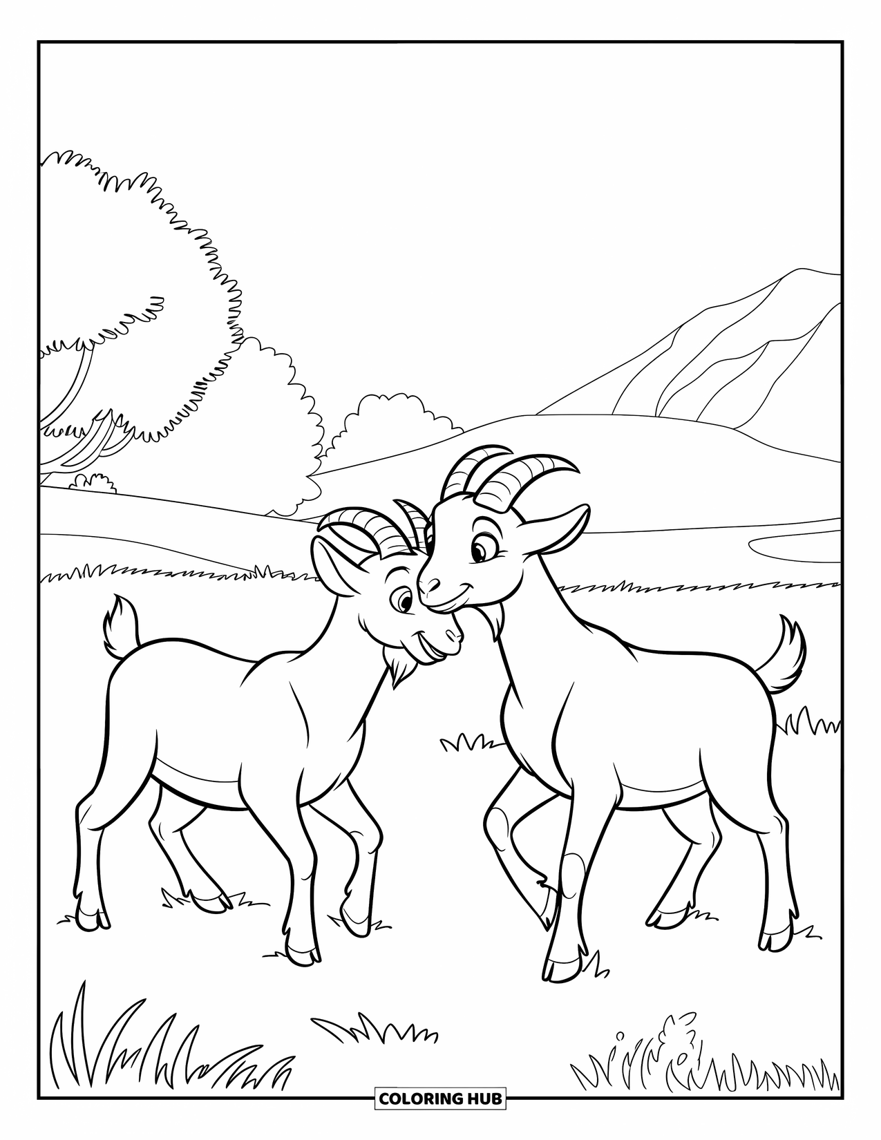 Desenho de Cabra para Colorir para Crianças: Cabras com olhos grandes se enfrentam brincando em um pasto de montanha