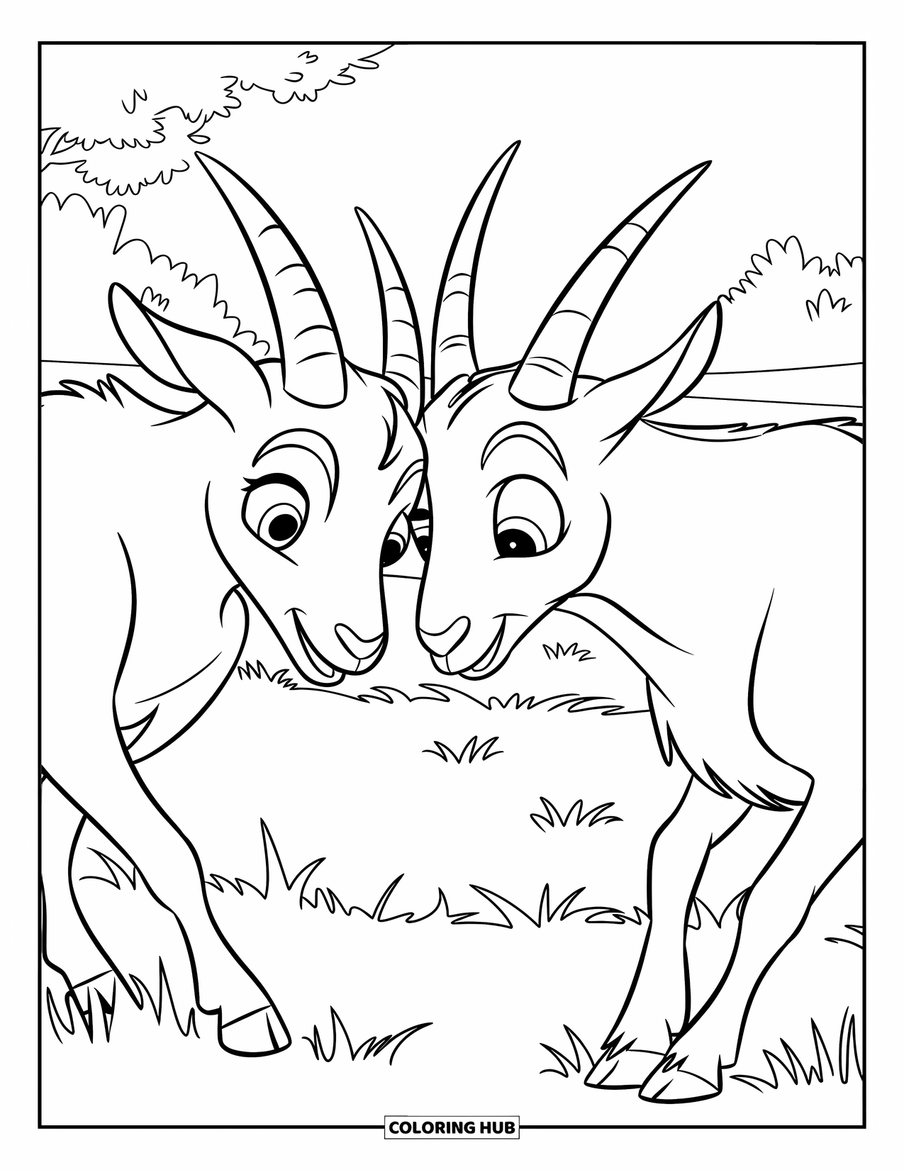 Desenho de Cabra para Colorir para Crianças: Duas cabras batem cabeças brincando em um campo gramado