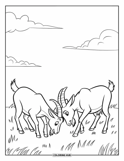 Desenho de Cabra para Colorir para Crianças: Duas cabras brincalhonas batem cabeças sob um céu de nuvens fofas