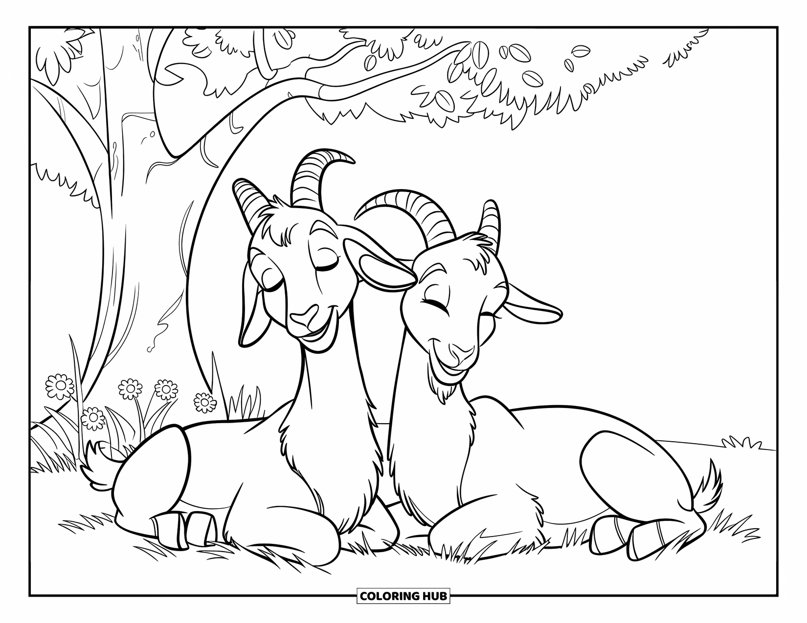 Desenho de Cabra para Colorir para Crianças: Duas cabras sonolentas relaxam sob uma árvore frondosa com flores por perto