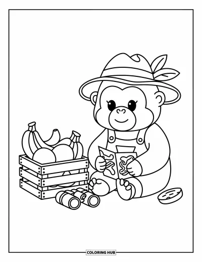 Dibujo de gorila para colorear para adultos: Un gorila aventurero en overol revisa un mapa de la jungla junto a una caja de suministros