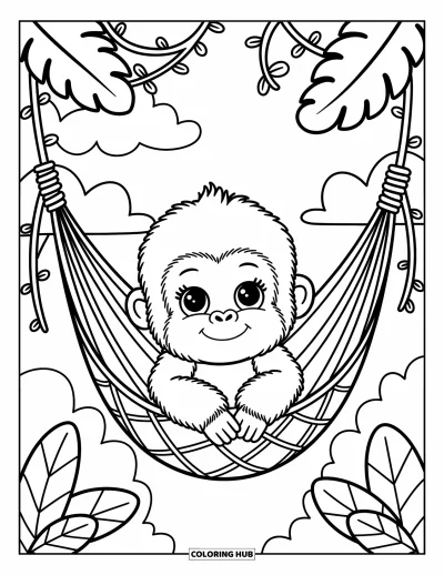 Dibujo de gorila para colorear para adultos: Un bebé gorila se acurruca en una hamaca de lianas entre hojas de la jungla y nubes suaves
