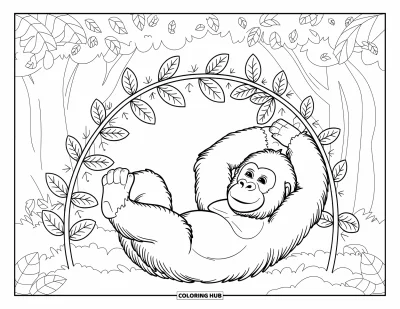 Dibujo de gorila para colorear para adultos: Un gorila tranquilo se estira bajo las hojas del bosque con árboles y lianas arriba