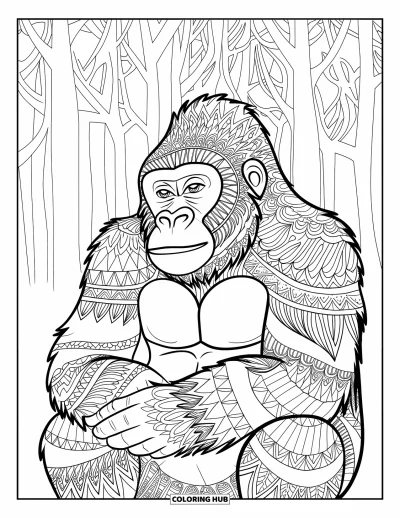 Dibujo de gorila para colorear para adultos: Un gorila contemplativo con las manos cruzadas descansa en un bosque lleno de formas zentangle