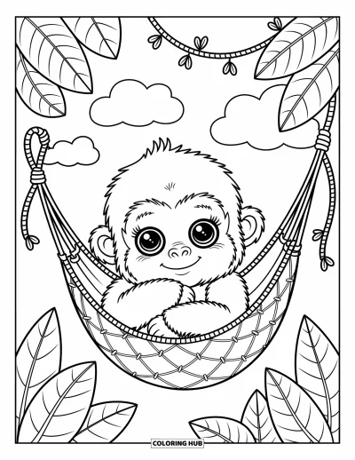 Dibujo de gorila para colorear para adultos: Un acogedor bebé gorila se acurruca en una hamaca de lianas bajo hojas suaves y nubes