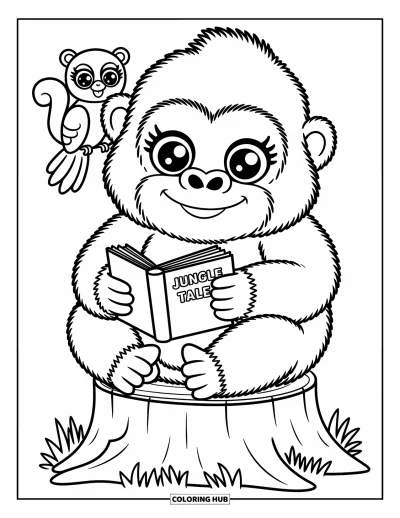 Dibujo de gorila para colorear para adultos: Un gorila curioso lee un pequeño libro en un tocón con amigos cerca