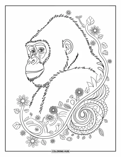 Dibujo de gorila para colorear para adultos: Un elegante gorila de perfil se sienta entre detalladas flores y lianas de mandala