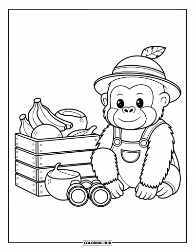 Dibujo de gorila para colorear para adultos: Un gorila explorador se sienta junto a una caja de plátanos y cocos, con un sombrero de hojas