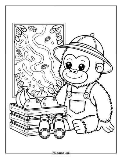 Dibujo de gorila para colorear para adultos: Un gorila explorador estudia un mapa con fruta y binoculares al lado