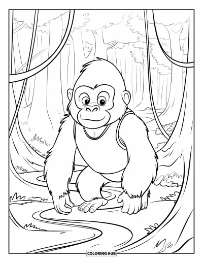 Dibujo de gorila para colorear para adultos: Un gorila gentil camina por un camino sinuoso de lianas de la jungla