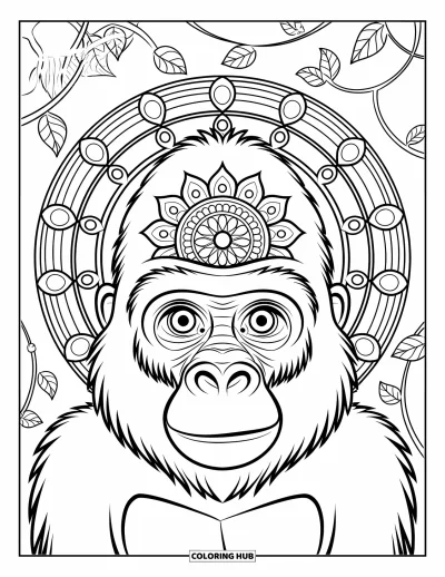 Dibujo de gorila para colorear para adultos: La cara de un gorila presenta un mandala en su frente con diseños de hojas