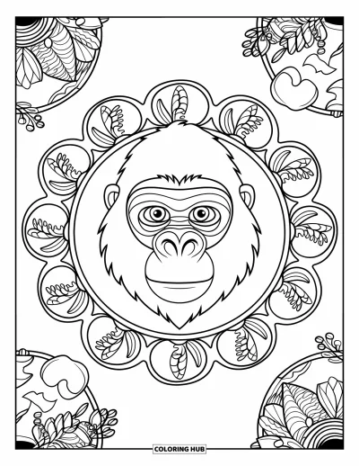 Dibujo de gorila para colorear para adultos: Cara de gorila enmarcada por patrones de mandala con detalles de la selva tropical alrededor