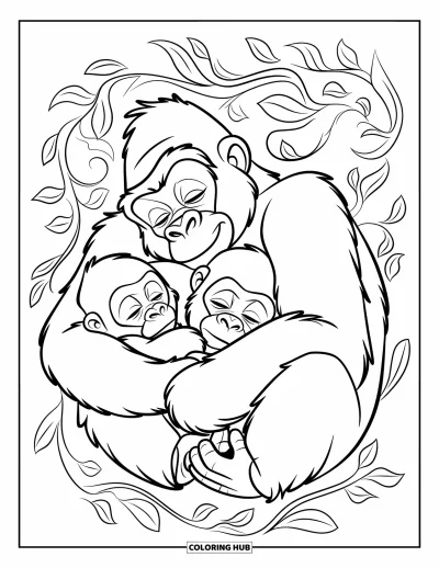 Dibujo de gorila para colorear para adultos: Un gorila abraza a un bebé mientras descansa dentro de suaves remolinos de hojas
