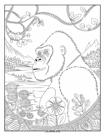 Dibujo de gorila para colorear para adultos: Un gorila de perfil lleva un collar, rodeado de lianas de mandala y formas florales