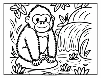 Dibujo de gorila para colorear para adultos: Un gorila medita pacíficamente sobre una roca junto a una pequeña cascada con flores de loto flotando
