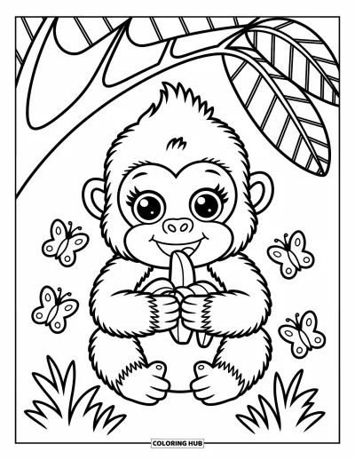 Dibujo de gorila para colorear para adultos: Un gorila mordisquea un plátano bajo un árbol sombreado con mariposas volando alegremente