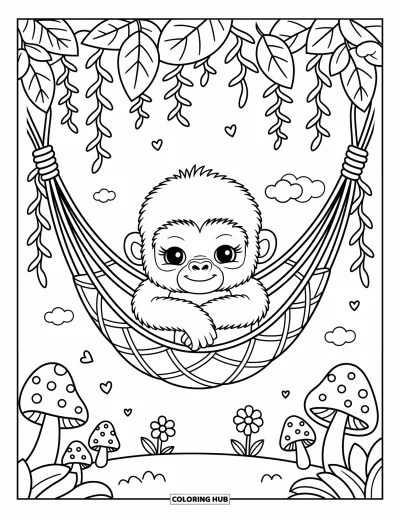 Dibujo de gorila para colorear para adultos: Un gorila duerme la siesta en una hamaca con flores, champiñones y nubes alrededor