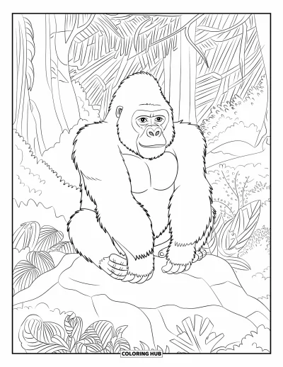 Dibujo de gorila para colorear para adultos: Un gorila en terreno rocoso se sienta tranquilamente en un bosque de exuberante vegetación detallada