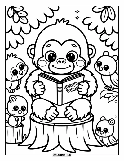 Dibujo de gorila para colorear para adultos: Un gorila lee felizmente en un tocón mientras los animales se reúnen para escuchar la historia