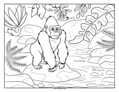 Dibujo de gorila para colorear para adultos: Un gorila descansa cerca de un arroyo suave, rodeado de helechos y formas de hojas llamativas