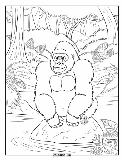 Dibujo de gorila para colorear para adultos: Un gorila descansa sobre una roca en un río con altos y frondosos árboles de la selva tropical alrededor