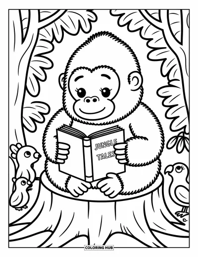 Dibujo de gorila para colorear para adultos: Un gorila comparte un libro de cuentos con amigos animales mientras está sentado en un tocón acogedor