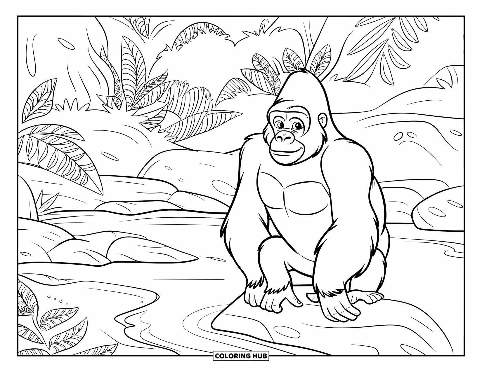Gorilla Kleurplaat voor Volwassenen: Gorilla zit bij een beek met rotsen en sierlijke planten eromheen